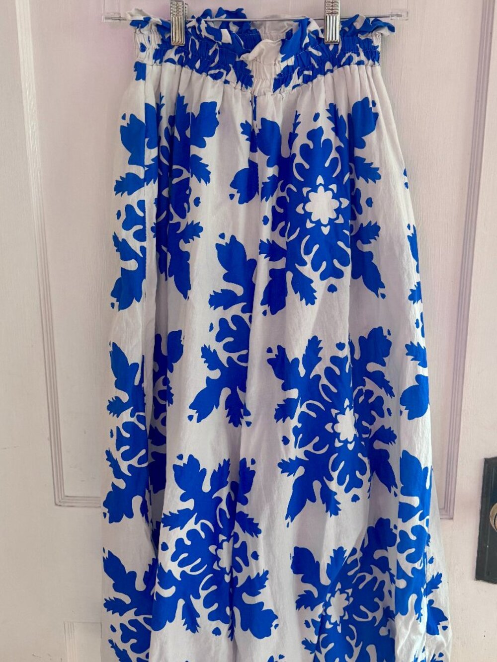 Iti Italian White & Blue Wide Leg Palazzo Flowy Cotton Pants Fun Design